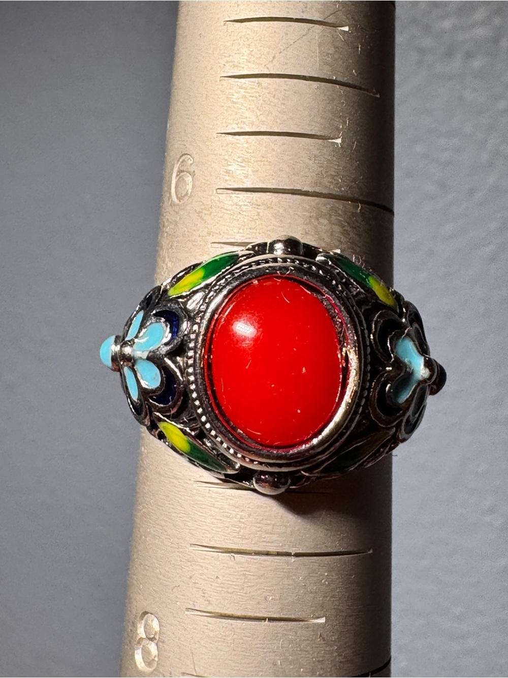 Silver Tone Red Stone Floral Enamel Women's Ring adjustable size